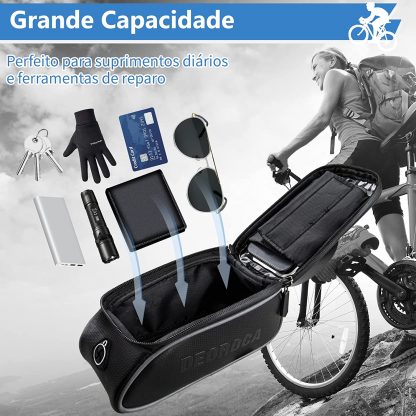 Bolsa impermeável para bicicleta com suporte para celular